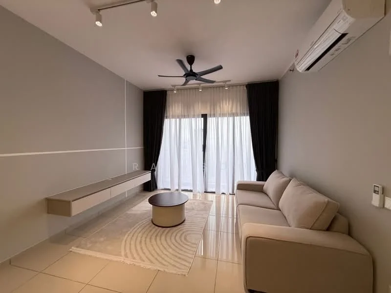 Living features: beige fabric sofa, round coffee table, area rug with circular pattern, wall-mounted TV console, 5-blade ceiling fan with light, floor-to-ceiling windows, sheer curtains, grey painted walls, glossy tile flooring, recessed downlights; style: modern.
