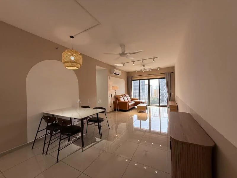 Living features: 3-seater leather sofa, ceiling fan, floor-to-ceiling windows, sliding glass door, white painted walls, polished tile flooring, TV console, area rug, decorative pendant light; style: modern; view: city. Dining features: 6-seater dining table, black dining chairs, wooden sideboard, white walls, polished tile flooring; style: modern.