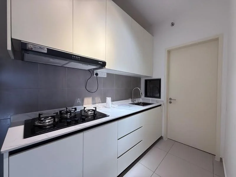 Kitchen features: white cabinetry, marble countertop, stainless-steel sink, chrome pull-down faucet, built-in oven, 2-burner gas hob, exhaust hood, grey tiled backsplash, white walls, light grey floor tiles; style: modern.
