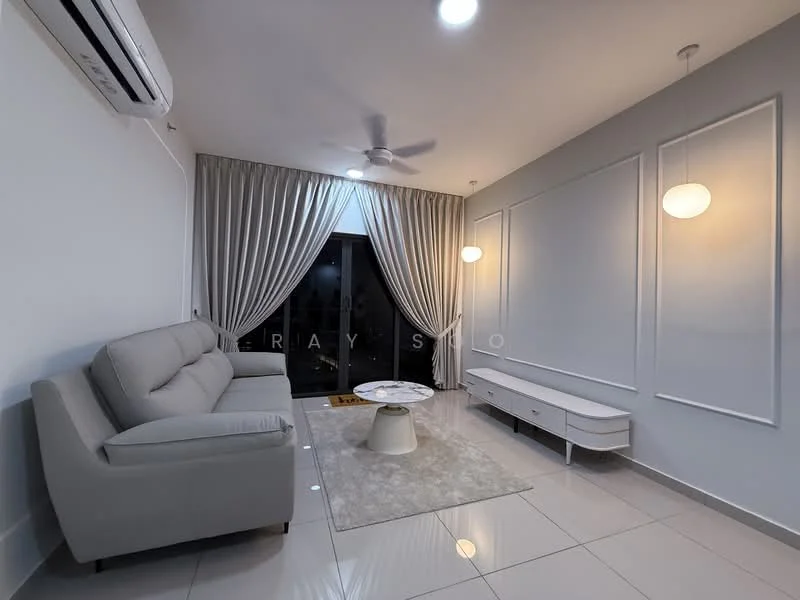 Living features: 3-seater fabric sofa in light grey, round coffee table, area rug in light grey, white TV console, floor-to-ceiling windows, sheer curtains, ceiling fan with light, recessed downlights, white painted walls, tile flooring; style: modern; view: city.