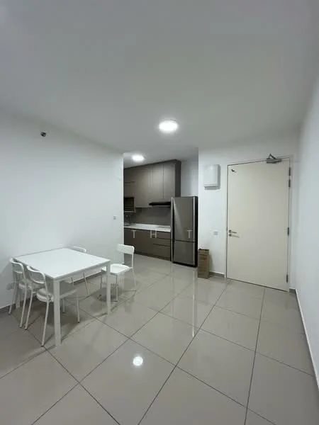 Kitchen features: white painted walls, glossy tile flooring, recessed downlights, built-in kitchen cabinets in grey, stainless-steel fridge, white dining table, 4 white dining chairs, open layout, countertop, kitchen appliances; style: modern.