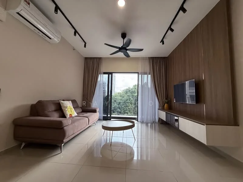 Living features: 3-seater fabric sofa in beige, round coffee table, wall-mounted TV, TV console with storage, floor-to-ceiling windows, sliding glass door, curtains, ceiling fan with light, recessed downlights, light-colored tiled flooring, wood accent wall, decorative plant; style: modern; view: garden.