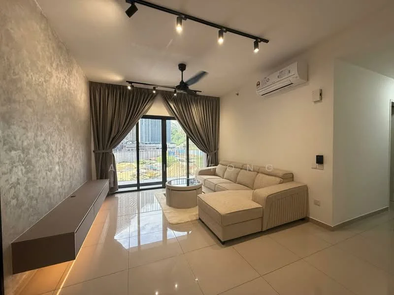 Living features: beige L-shape sectional sofa, round coffee table, wall-mounted TV console, floor-to-ceiling windows, sliding glass door, curtains, recessed LED downlights, 5-blade ceiling fan, cream tiled flooring, textured accent wall, air conditioning unit; style: modern; view: garden.