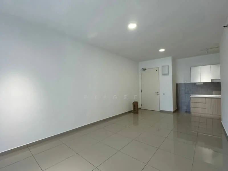 Living features: white painted walls, glossy tile flooring, recessed downlights, single door, kitchenette with cabinets, countertop, grey tiled backsplash; style: modern.