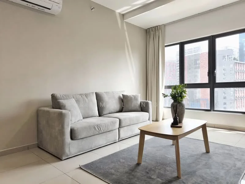 Living features: grey fabric 3-seater sofa, wooden coffee table, area rug in neutral color, floor-to-ceiling windows, sheer curtains, wall-mounted split AC, light-colored painted walls, tile flooring; style: modern; view: city.