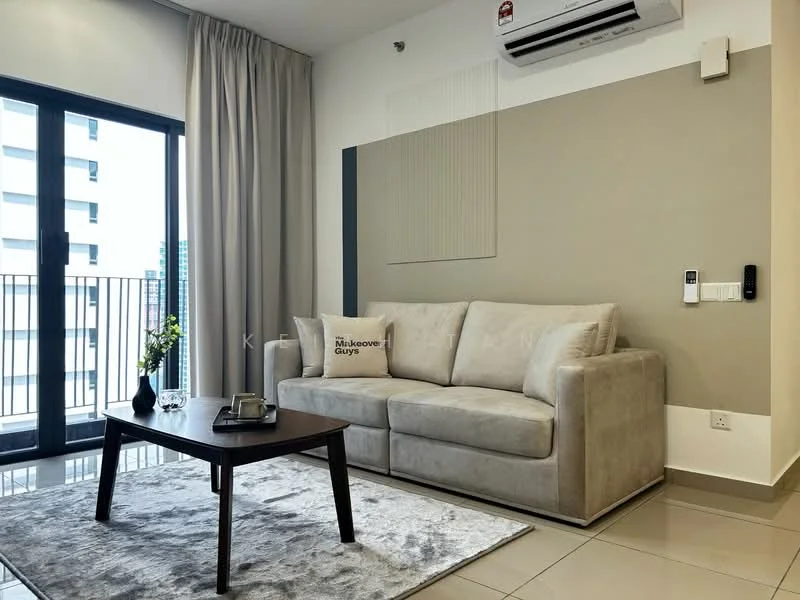Living features: beige fabric sofa, wooden coffee table, area rug, floor-to-ceiling windows, curtains, wall-mounted air conditioning unit, light-colored accent wall, grey tiled flooring, decorative plant, remote control panel; style: modern; view: city.