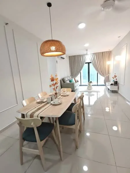 Dining features: 6-seater dining table, light wood dining chairs with blue cushions, woven pendant light, white walls, glossy tile flooring, decorative vase with flowers on table, table runner, floor-to-ceiling windows with sheer curtains, sofa in background, green cushions on sofa, recessed ceiling lights; style: modern; view: city.