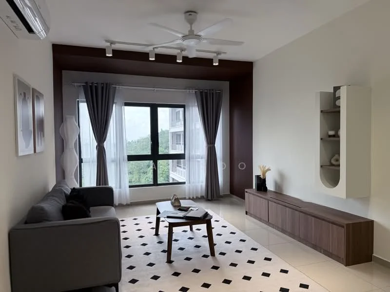 Living features: 3-seater fabric sofa in grey, coffee table, TV console, wall-mounted TV, area rug with geometric pattern, 5-blade ceiling fan with light, floor-to-ceiling windows, sheer curtains, decorative plant in vase, wooden sideboard, light-colored walls, dark accent wall, tile flooring; style: modern; view: garden.