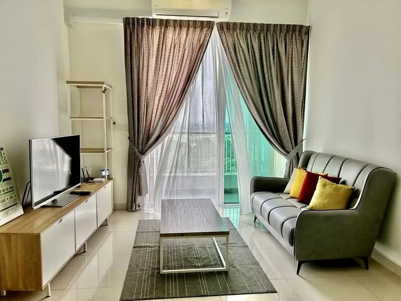 Living features: grey fabric sofa, coffee table with metal legs, TV console with storage, wall-mounted TV, floor-to-ceiling windows, sheer curtains, blackout curtains, area rug, air conditioning unit, decorative cushions in yellow and red; style: modern; view: city.