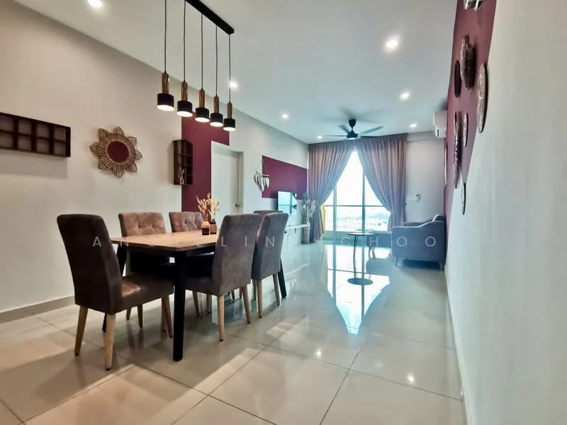 Dining features: 6-seater dining table, upholstered dining chairs in grey, pendant lighting with multiple bulbs, white walls, red accent wall, floor-to-ceiling windows, curtains, polished tile flooring, decorative wall mirrors, ceiling fan; style: modern; view: city. Living features: sofa, coffee table, TV console, area rug; style: modern; view: city.