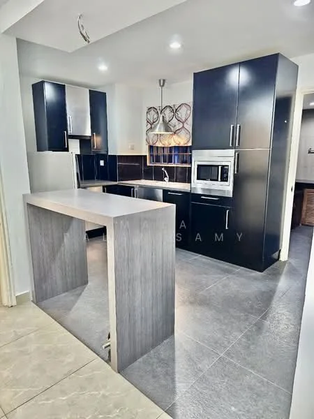 Kitchen features: dark wood cabinetry, stainless-steel appliances, built-in microwave, freestanding range oven, single-bowl stainless-steel sink, chrome pull-down faucet, grey quartz countertop, tile backsplash, pendant lighting, open layout with breakfast bar, grey ceramic tile flooring, recessed downlights; style: modern.