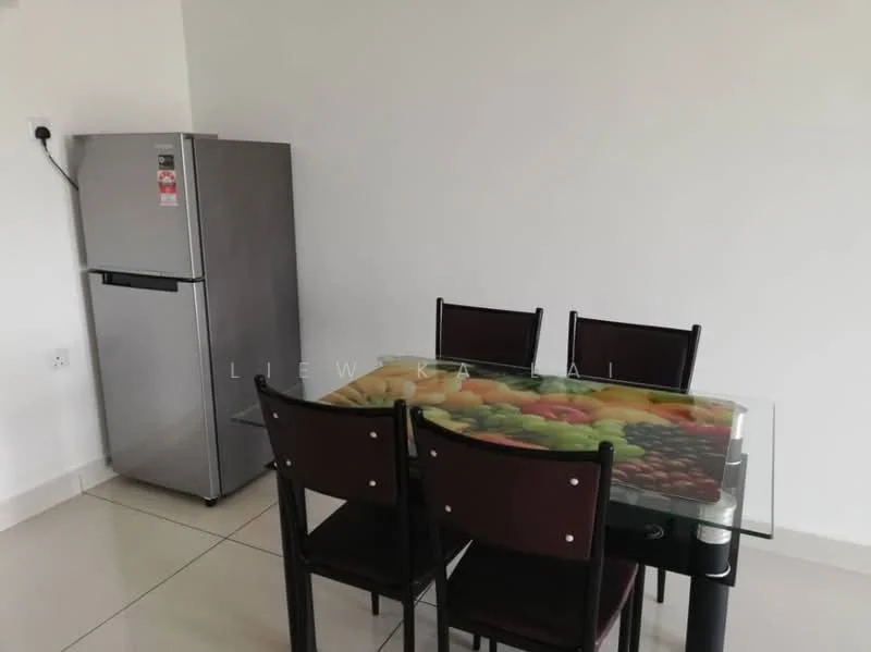 Dining features: glass dining table with fruit print, 4 black dining chairs, stainless-steel fridge, white painted walls, cream tiled flooring, wall-mounted electrical outlet; style: modern.