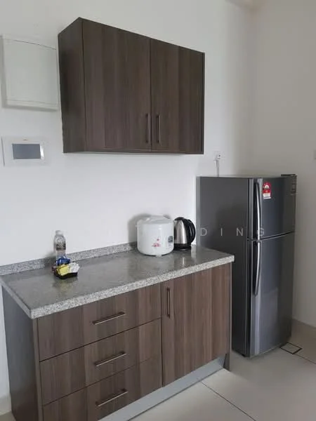Kitchen features: brown wooden cabinetry, grey granite countertop, stainless-steel fridge, white rice cooker, black electric kettle, wall-mounted cabinet, tile flooring, wall-mounted electrical panel; style: modern.