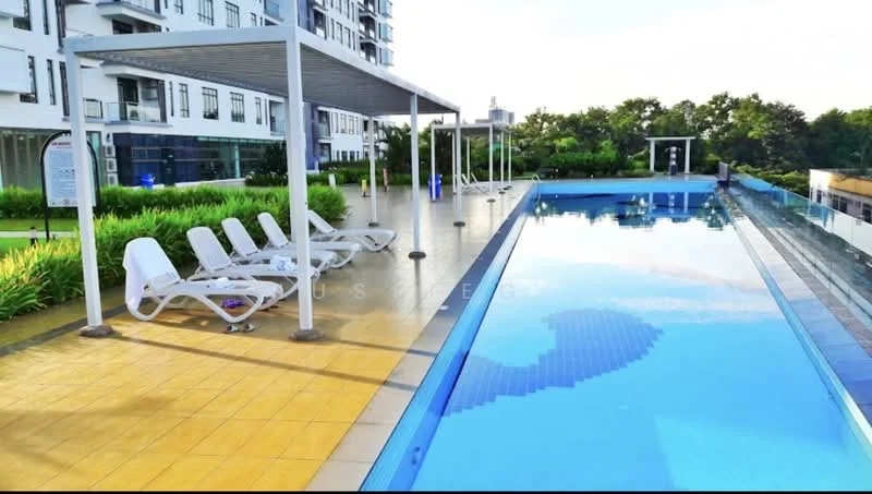 Exterior type: swimming pool deck; features: infinity pool, pool deck with loungers, landscaped greenery, paved walkway, sunshade structure, surrounding trees, modern architecture, clear blue water; style: modern.