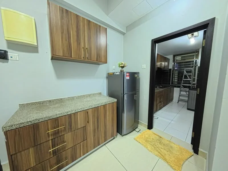 Kitchen features: granite countertop, wood cabinetry, stainless-steel fridge, tile flooring, wall-mounted cabinet, single-basin sink, kitchen towel, decorative flower vase; style: modern. Room features: white painted walls, doorway leading to another room, light fixture.