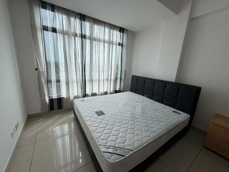 Bedroom features: king-size bed, black upholstered headboard, white mattress, floor-to-ceiling windows, sheer curtains, grey tiled flooring, white painted walls, wooden bedside table; style: modern; view: city.