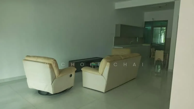 Living features: cream leather sofa, 2-seater sofa, coffee table, white painted walls, glossy tile flooring, large windows, open layout, neutral decor; style: modern. Kitchen features: kitchen cabinetry, countertop, stainless-steel sink, open layout to living area; style: modern.