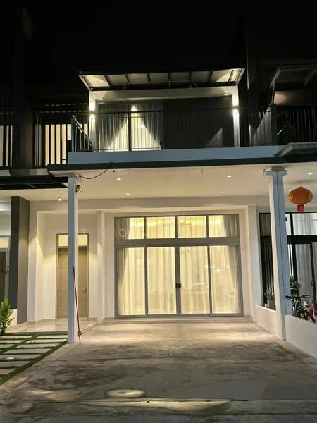 Exterior type: linked terrace house; features: white painted facade, glass sliding doors, recessed balconies, outdoor lighting, concrete driveway, manicured lawn, paved walkway, two-storey structure; style: modern.