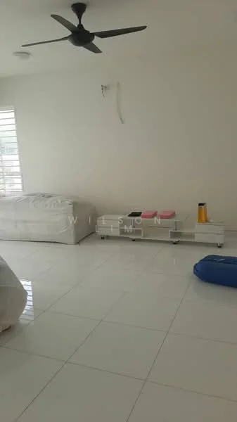 Room features: white painted walls, white tile flooring, 5-blade ceiling fan, sofa bed, coffee table, decorative items on coffee table, window with blinds, blue storage container; style: minimalist.