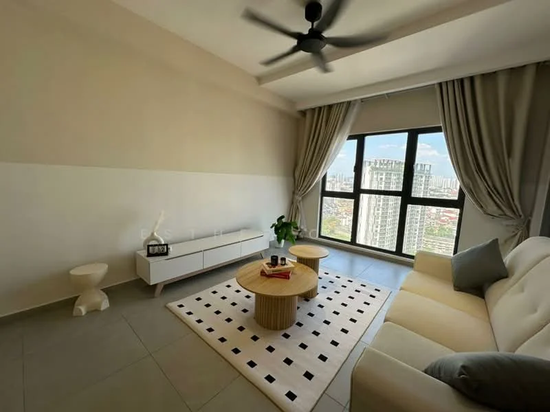 Living features: 5-blade ceiling fan with light, floor-to-ceiling windows, light grey walls, white painted walls, cream sofa, wooden coffee table, round coffee table with ribbed base, area rug with geometric pattern, decorative plant in ceramic pot, TV console, curtains, tile flooring; style: modern; view: city.