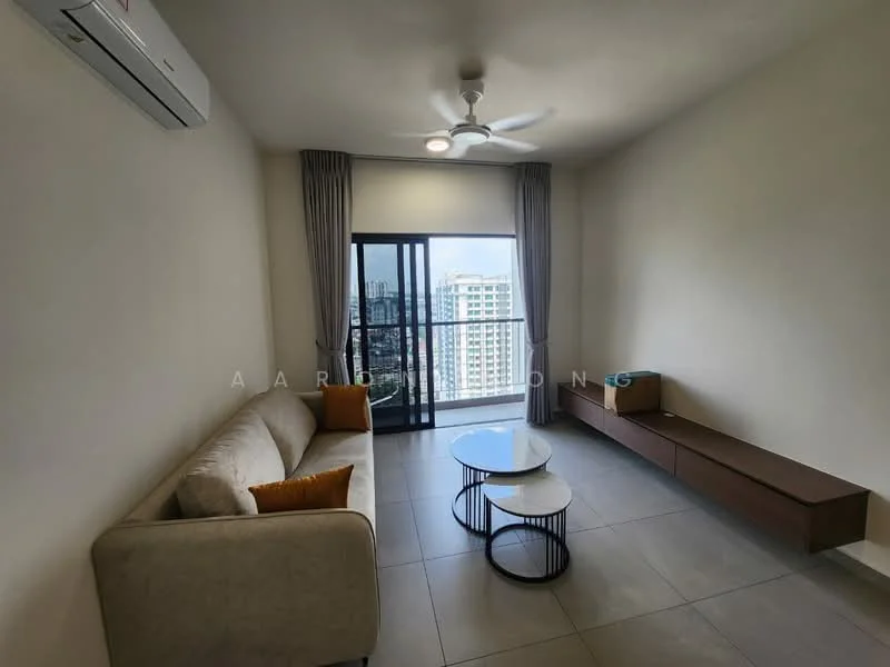 Living features: 3-seater fabric sofa in light beige, coffee table with round glass top and black metal base, wall-mounted TV console in dark wood, floor-to-ceiling windows, curtains in light grey, ceiling fan with light, air conditioning unit on wall, tile flooring in light grey; style: modern; view: city.