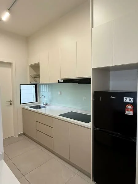 Kitchen features: white cabinetry, black countertop, single-bowl stainless-steel sink, chrome pull-down faucet, built-in oven, 4-burner induction hob, black refrigerator, tile flooring, window above sink, under-cabinet lighting, open shelving, neutral wall colour, modern design; style: modern.