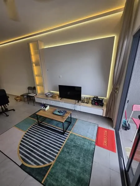 Living features: light grey painted walls, recessed LED strip lighting, floor-to-ceiling windows, sliding glass door, area rug with geometric pattern, wooden coffee table, TV console, wall-mounted TV, black office chair, two dining chairs, decorative items on console; style: modern.