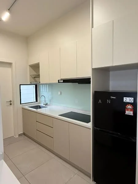 Kitchen features: white cabinetry, black countertop, single-bowl stainless-steel sink, chrome pull-down faucet, built-in electric cooktop, black refrigerator, tile flooring, window above sink, light-colored backsplash, under-cabinet lighting; style: modern.