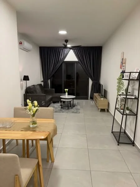 Living features: grey fabric sofa, black floor lamp, round coffee table, TV console, wall-mounted TV, area rug, 5-blade ceiling fan, sliding glass door, floor-to-ceiling curtains, light grey tile flooring, decorative plant on shelf, open shelving unit, dining table with wooden legs, 2 upholstered dining chairs; style: modern.