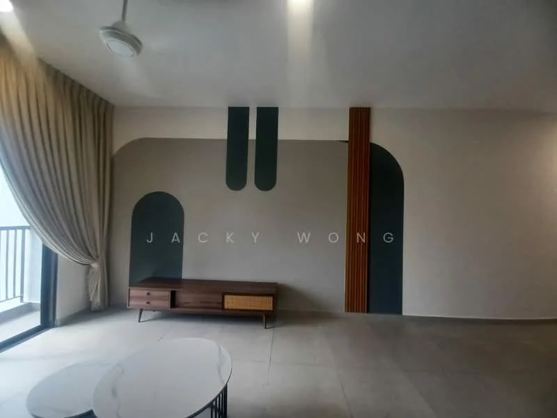Living features: light grey tiled flooring, white painted walls, accent wall with geometric design, wooden console table, round coffee table, floor-to-ceiling windows, curtains, ceiling fan; style: modern.