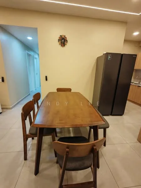 Dining features: wooden dining table, 4 dining chairs, stainless-steel fridge, cream painted walls, tile flooring, wall clock, recessed ceiling lights; style: modern. Room features: cream painted walls, tile flooring, recessed ceiling lights.