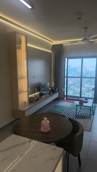 Living features: floor-to-ceiling windows, city view, light wood feature wall, built-in TV console, recessed LED lighting, grey curtains, area rug with geometric pattern, coffee table, sofa, ceiling fan with light; style: modern. Dining features: round dining table, upholstered dining chairs, decorative centerpiece; style: modern.