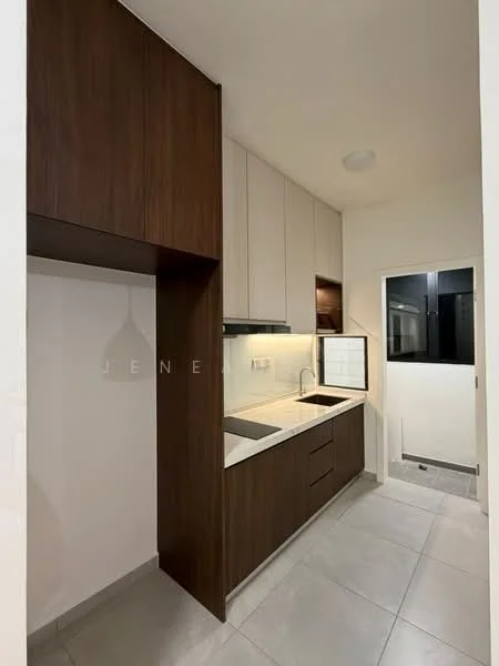 Kitchen features: brown wooden cabinetry, white upper cabinets, quartz countertop, single-bowl stainless-steel sink, chrome pull-down faucet, built-in stove, white tiled backsplash, recessed downlights, grey ceramic tile flooring, window with black frame, door leading to outside; style: modern.