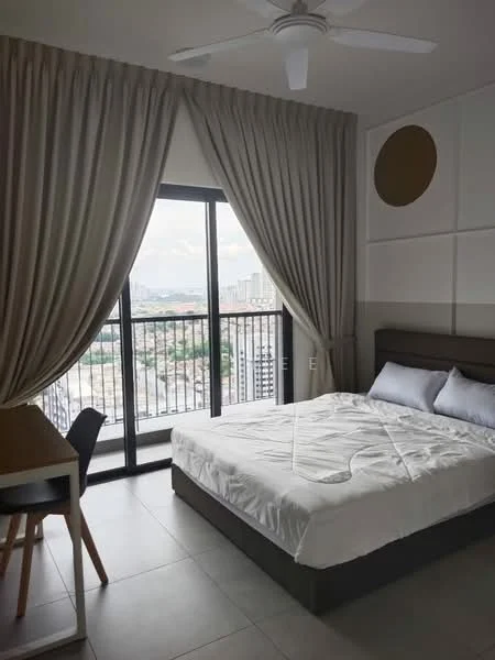 Bedroom features: king-size bed with white bedding, floor-to-ceiling windows, grey upholstered headboard, light grey curtains, white walls, tile flooring, ceiling fan, study desk, chair, decorative wall circle; style: modern; view: city.