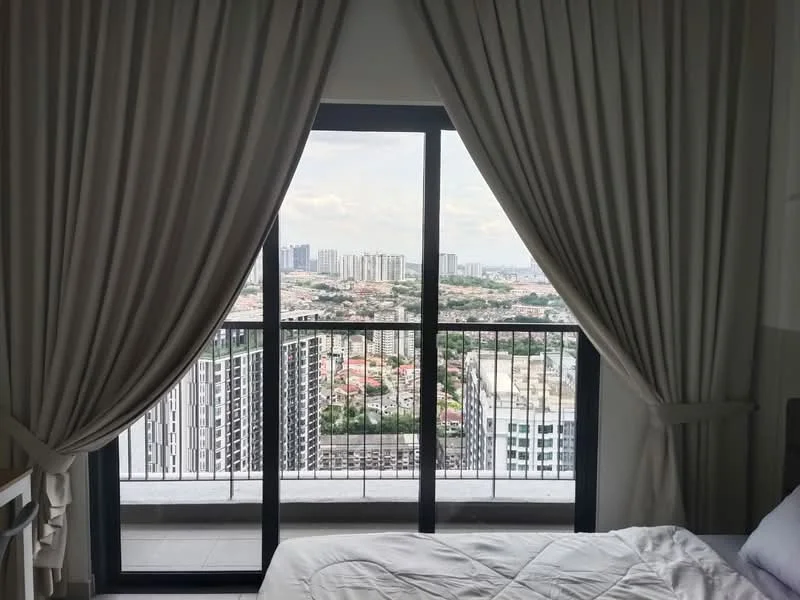 Room features: floor-to-ceiling windows, black sliding glass door, sheer curtains, balcony view, city skyline view, grey wall, white bedding, light-colored bed frame; style: modern; view: city.
