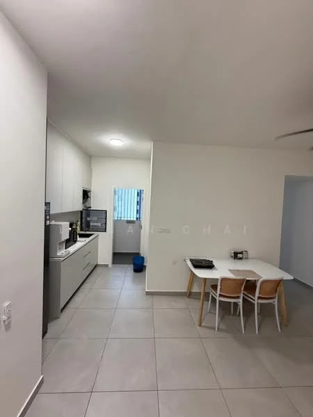 Kitchen features: white cabinetry, grey countertop, stainless-steel sink, built-in oven, microwave, refrigerator, ceramic tile flooring, recessed downlights, wall-mounted TV, open shelving; style: modern. Dining features: 4-seater dining table, wooden chairs, neutral wall color, large window, ceramic tile flooring; style: modern.