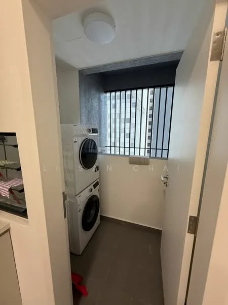Laundry features: front-load washing machine, tumble dryer, grey tile flooring, white painted walls, window with security bars, ceiling light, plumbing fixtures, shelving unit; style: modern.