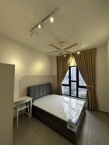 Bedroom features: queen-size bed, upholstered headboard, bedside table, ceiling fan with light, recessed downlights, floor-to-ceiling windows, curtains, tile flooring, neutral wall color; style: modern; view: city.