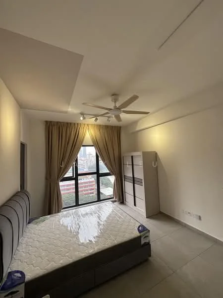 Bedroom features: queen-size bed, upholstered headboard, 5-blade ceiling fan with light, floor-to-ceiling windows, sheer curtains, built-in wardrobe, tile flooring, recessed downlights, neutral painted walls; style: modern; view: city.