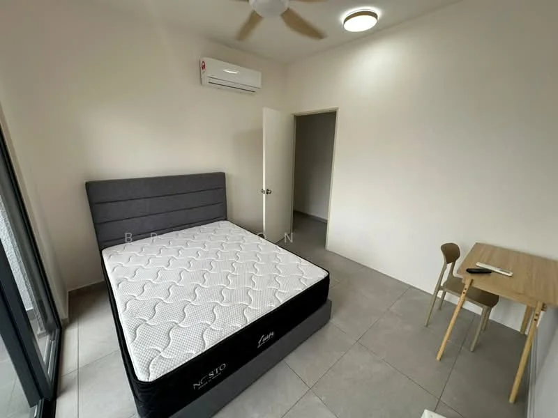 Bedroom features: queen-size bed with grey upholstered headboard, mattress on bed frame, 1 small wooden table, 1 chair, floor-to-ceiling windows, grey tiled flooring, white painted walls, ceiling fan, wall-mounted split AC, light fixture in ceiling; style: modern.