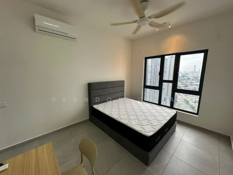 Bedroom features: queen-size bed, grey upholstered headboard, white mattress, floor-to-ceiling windows, city view, light grey tiled flooring, white painted walls, 1 wall-mounted split AC, 5-blade ceiling fan with light, study desk, chair; style: modern; view: city.