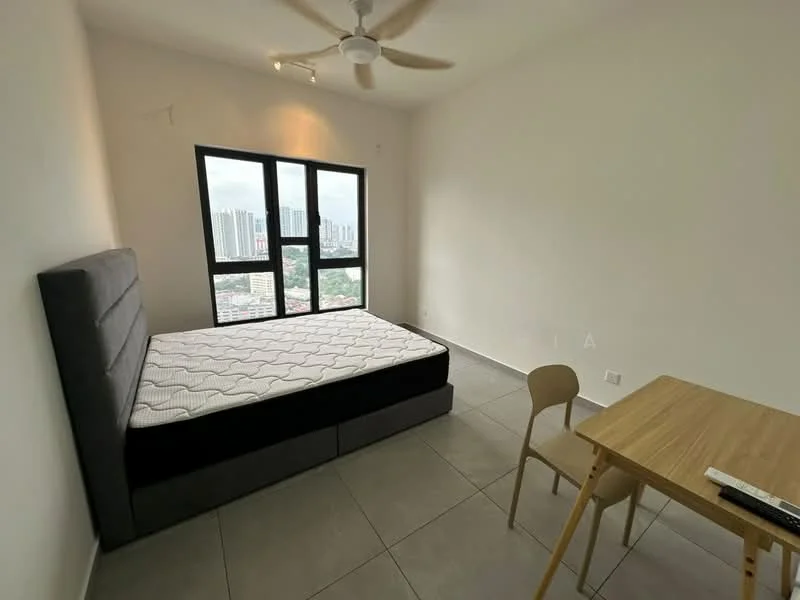 Bedroom features: queen-size bed base, mattress on bed base, floor-to-ceiling windows, city view, light grey tiled flooring, white painted walls, ceiling fan, wooden study table, single chair; style: modern; view: city.