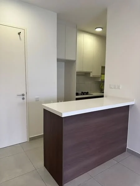 Kitchen features: white quartz countertop, brown wooden cabinetry, stainless-steel gas hob, built-in oven, white painted walls, grey tile flooring, recessed ceiling lights, single-bowl stainless-steel sink, modern faucet, open layout with breakfast bar; style: modern.