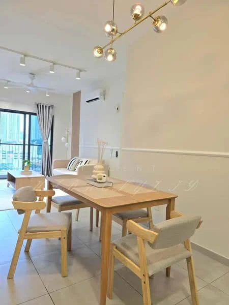 Dining features: wooden dining table, 4 upholstered dining chairs, pendant light fixture with globe bulbs, floor-to-ceiling windows, sliding glass door, grey curtains, light-colored walls, tile flooring; style: modern; view: city.