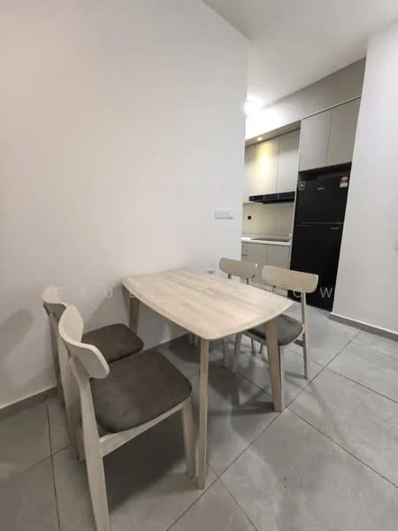 Dining features: light wood dining table, 4 dining chairs with grey upholstery, white painted walls, grey tile flooring, recessed lighting, kitchen area visible in background, black fridge in background; style: modern.