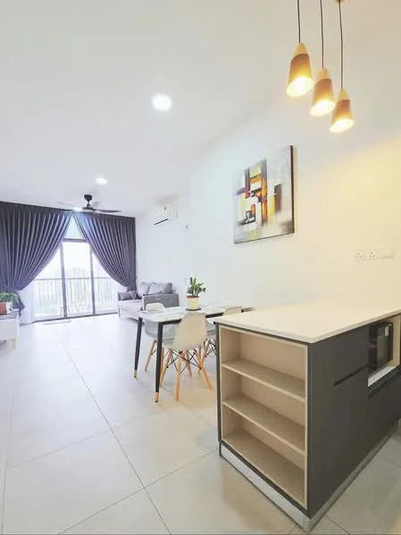 Living features: grey fabric sofa, 4-seater dining table, white dining chairs, pendant lighting with three bulbs, wall-mounted split AC, floor-to-ceiling windows, grey curtains, light-colored tile flooring, abstract wall art; style: modern; view: city.