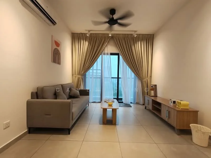 Living features: grey fabric sofa, coffee table, wooden TV console, floor-to-ceiling windows, sheer curtains, black ceiling fan, wall-mounted air conditioning unit, light-colored tiled flooring, decorative wall art, yellow decorative items; style: modern.
