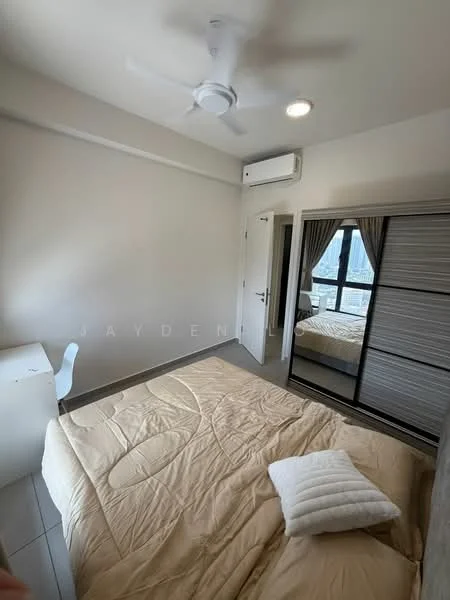Bedroom features: queen-size bed with beige bedding, upholstered headboard, white bedside pillow, built-in wardrobe with sliding doors, floor-to-ceiling window, curtains, white desk, ceiling fan with light, wall-mounted split AC, tile flooring, decorative mirror; style: modern; view: city.