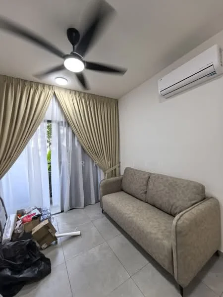 Living features: 3-seater fabric sofa in beige, 5-blade ceiling fan with integrated LED light, floor-to-ceiling windows, sheer curtains, blackout curtains, light grey tiled flooring, wall-mounted split AC, decorative wall, neutral painted walls; style: modern; view: garden.