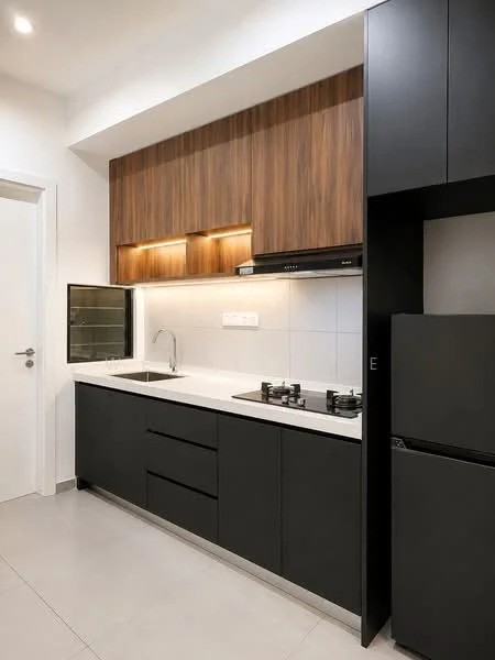 Kitchen features: black cabinetry, wooden upper cabinets, white countertop, stainless-steel sink, chrome pull-down faucet, built-in oven, 2-burner gas hob, refrigerator, tile backsplash, recessed lighting, grey tile flooring; style: modern.